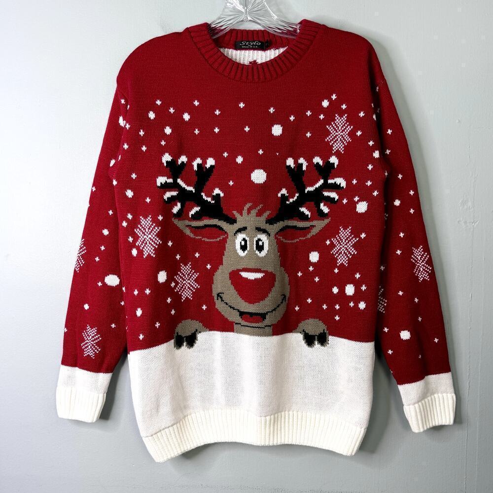 Stylo Red Peeking Reindeer Snowflake Christmas Holiday Knit Sweater Women's Sz S